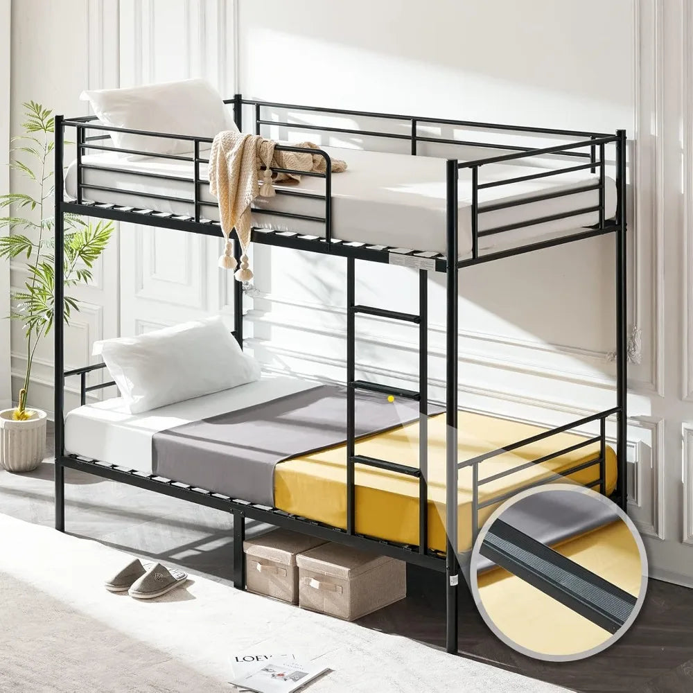 Twin Over Twin for Kids, Teens & Adults Bunk Bed with Stairs & Flat Rungs, Heavy Duty Metal Slats