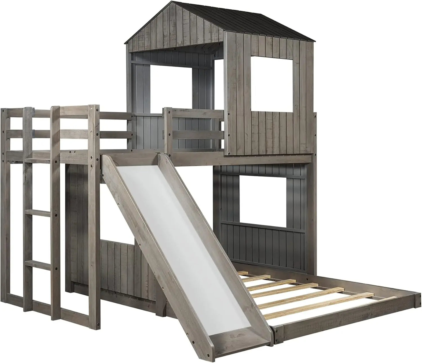 Twin Over Full Size, Wood Bunk Beds with Roof and Window, with Slide