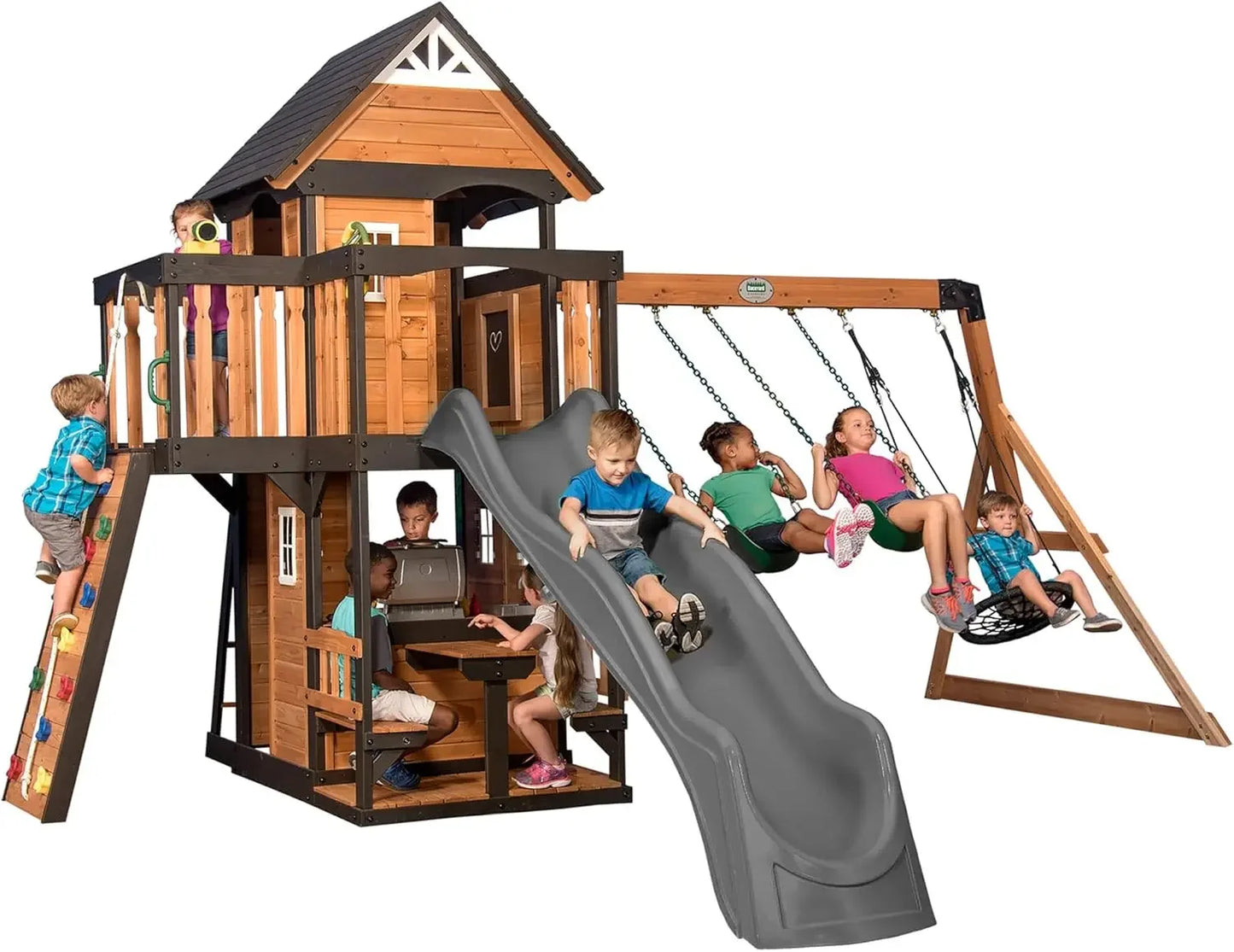 All Cedar Wood Swing Set w/Wave Slide, Grill, Plastic Food, Picnic Area