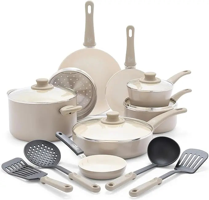 GreenLife- 16 Piece Soft Grip Healthy Ceramic Nonstick Cookware Set (Assorted Colors)