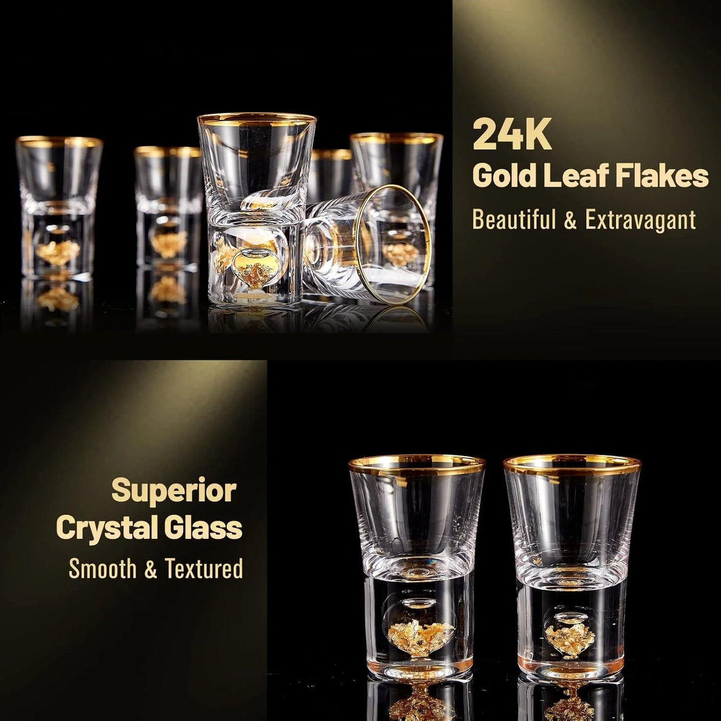 2 pcs (1.5oz), Shot Glass Set Decorated with 24K Gold Leaf Flakes