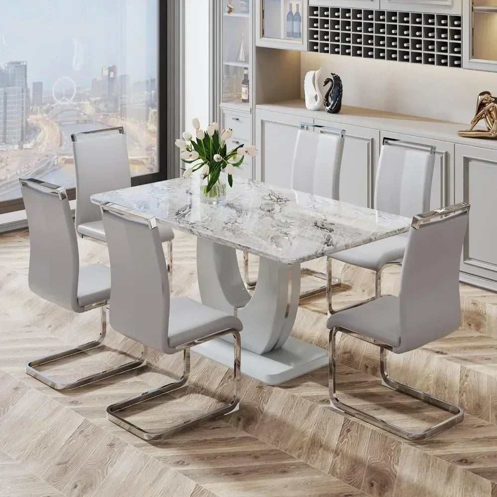 Faux Marble Table Top Dining Table Set for 6