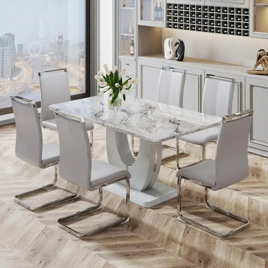Faux Marble Table Top Dining Table Set for 6