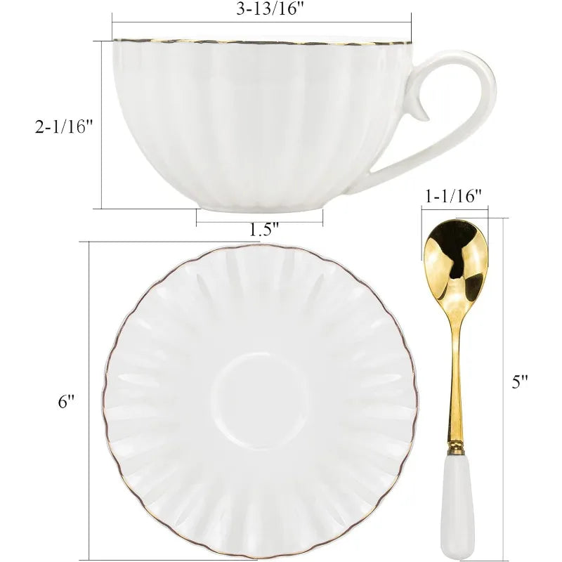 Set of 6 Royal Tea Cups and Saucers with Gold Trim, 8 oz, White