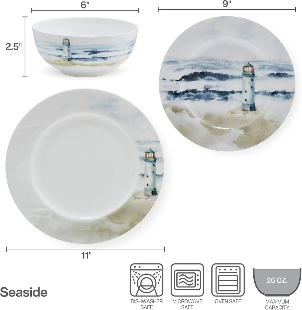 Mikasa Seaside Coastal Bone China Lightweight Chip Resistant 12 Piece Dinnerware Set