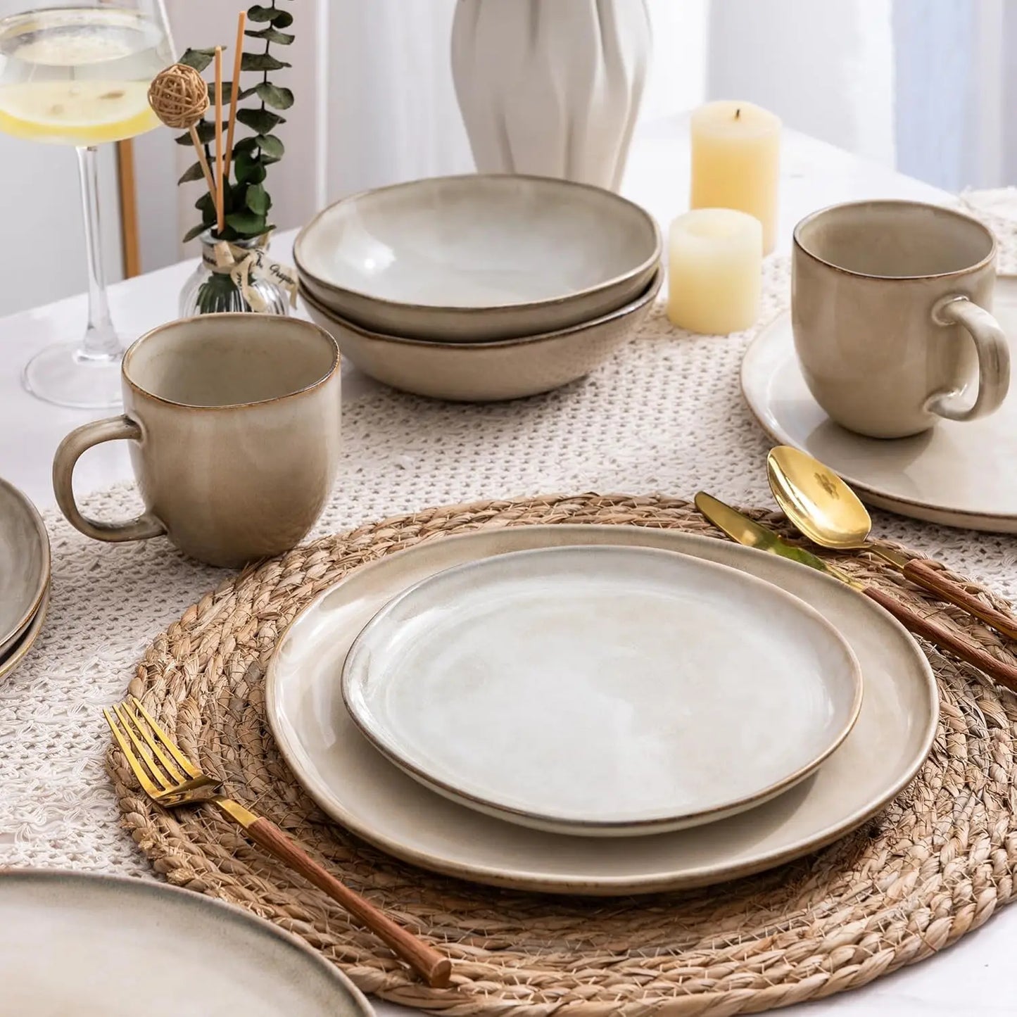 Handmade Reactive Glaze Plates and Bowls Set, Highly Chip and Crack Resistant