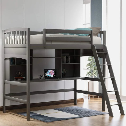 Solid Wood Loft Bed Frame with Desk