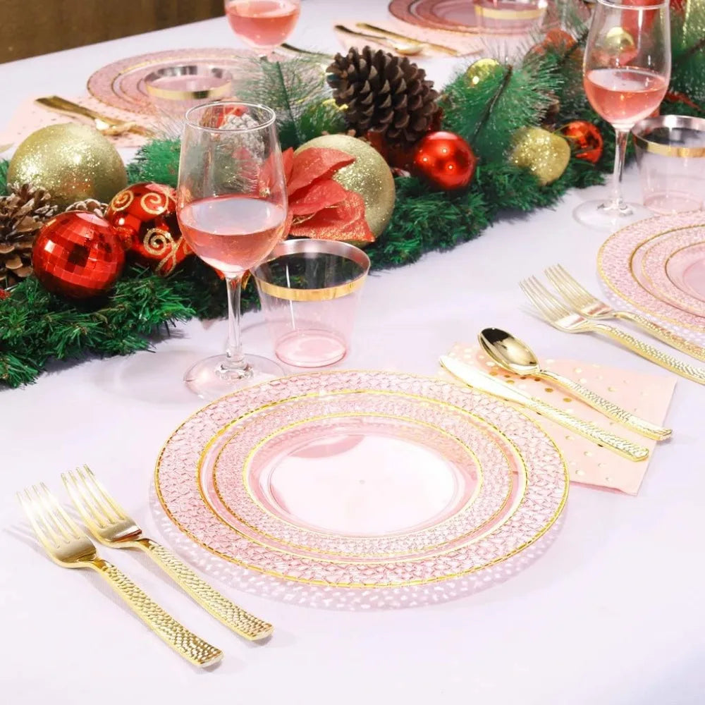 175PCS Pink and Gold Disposable and Reusable Plastic Plates Set