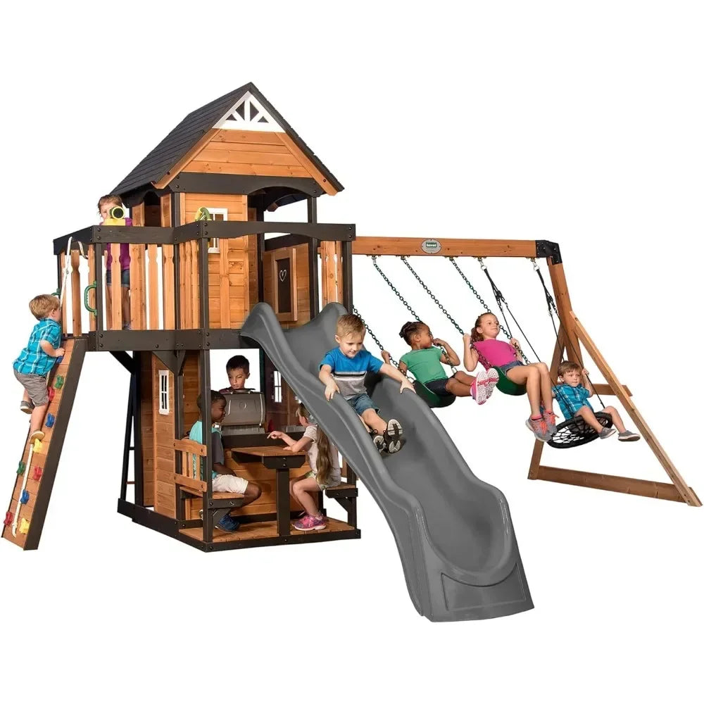 All Cedar Wood Swing Set w/Wave Slide, Grill, Plastic Food, Picnic Area