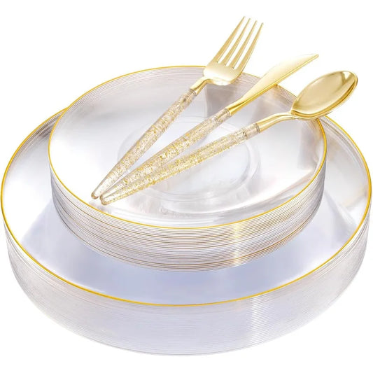 150PCS Clear-Gold Plastic Plates - Gold Plastic Silverware with Glitter Handle - 30 Guests