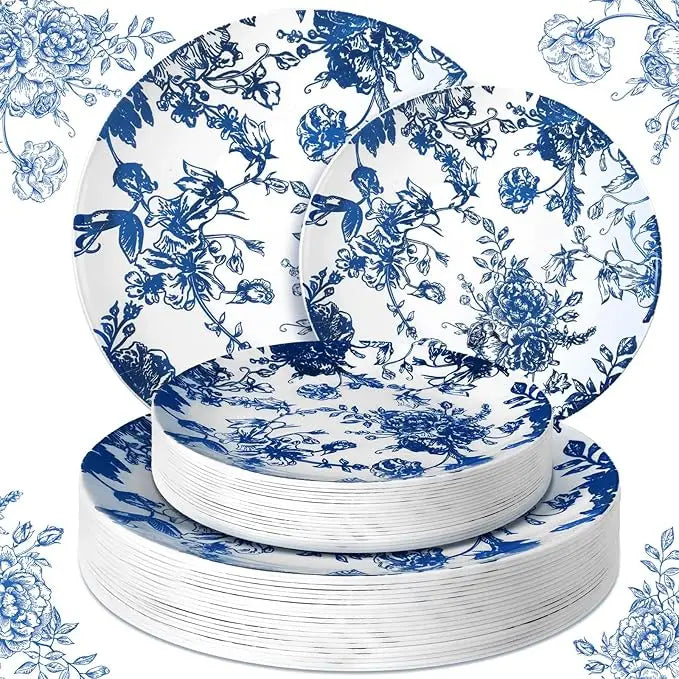 White & Blue Floral Design Disposable Plates Set