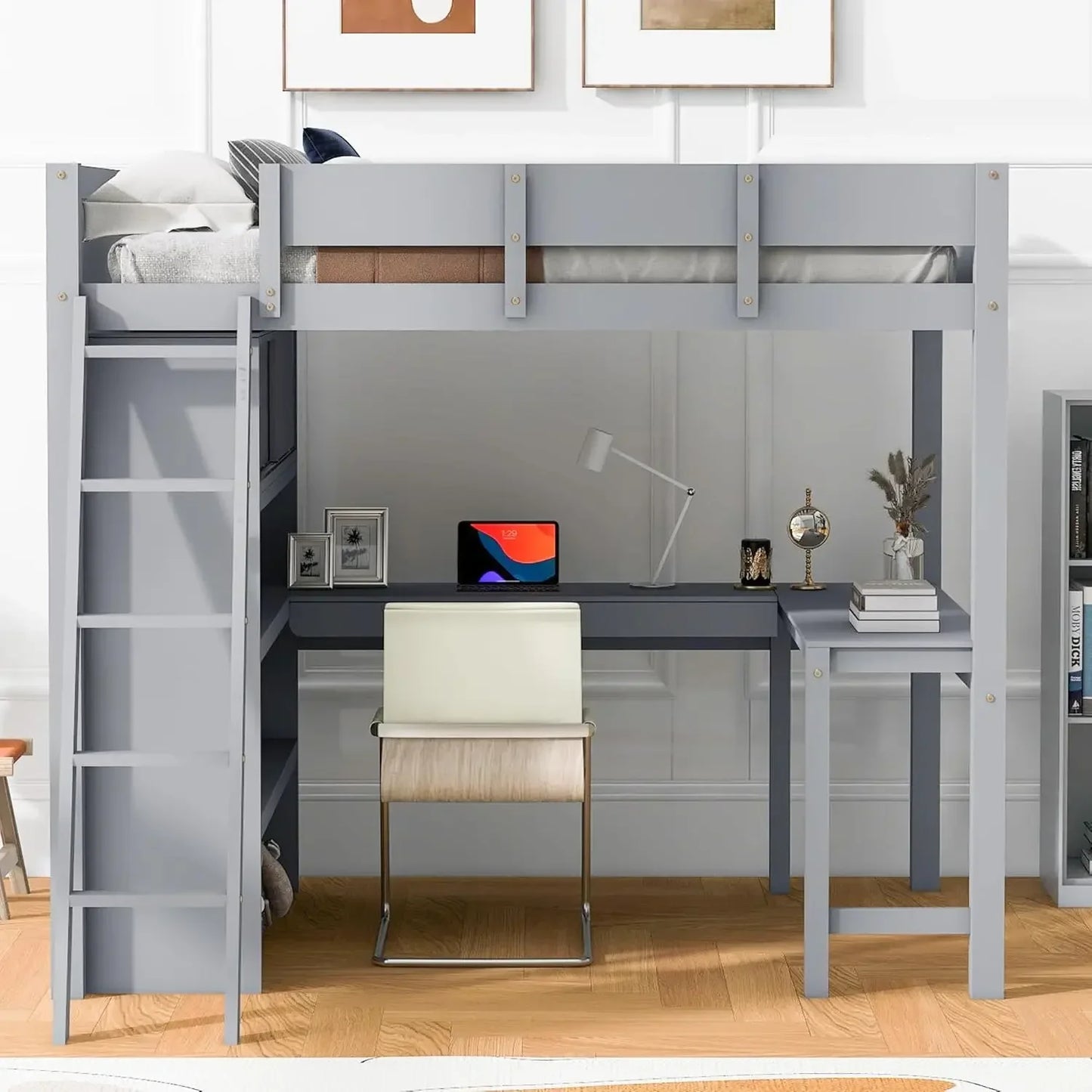 Full Size Loft Bed Frame with Wardrobe and Desk