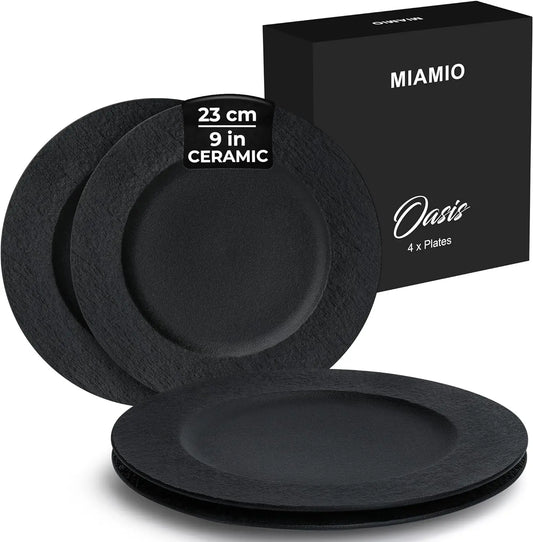 Set of 4, 9 Inch, Modern Ceramic Plate Set, Black