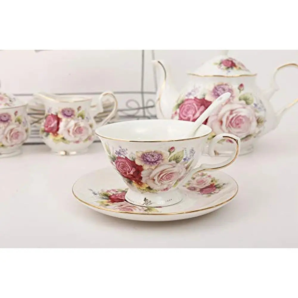 Colorful Rose European Ceramic Tea Set with Metal Holder, 15 Pieces