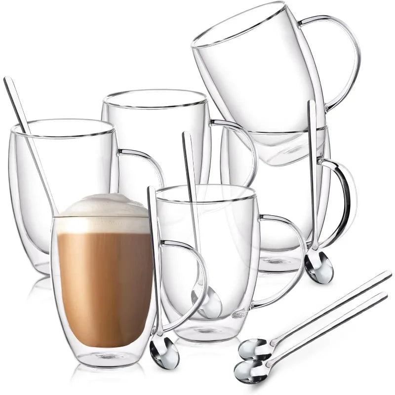 12 Oz Clear Double Wall Glass Coffee Mugs with Handle, Set of 6