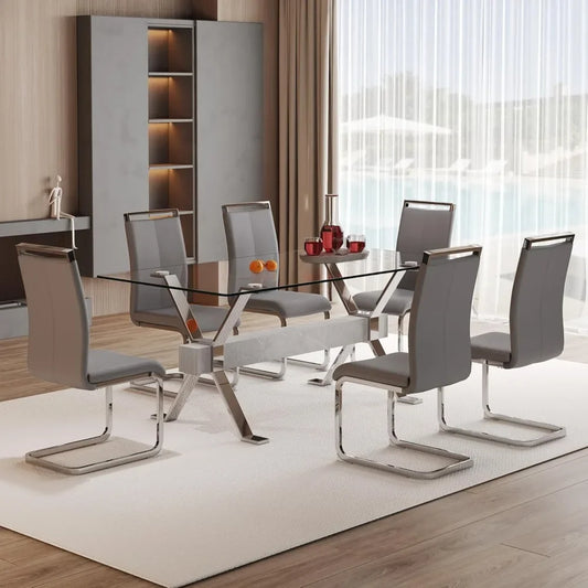 71" 7 Piece Tempered Glass Dining Table Set