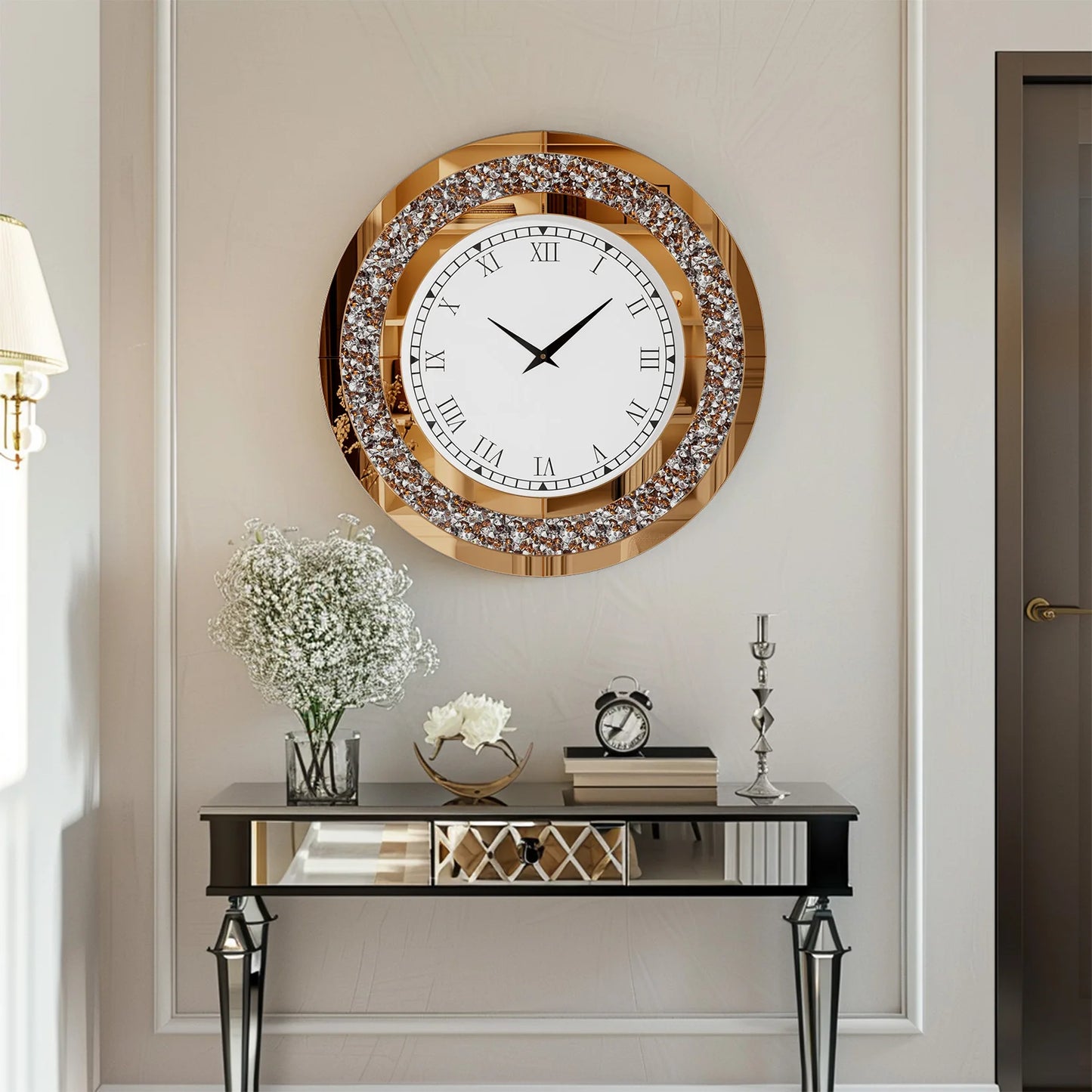 24inch Crystal Sparkle Crush Diamond Large Mirrored Wall Clock