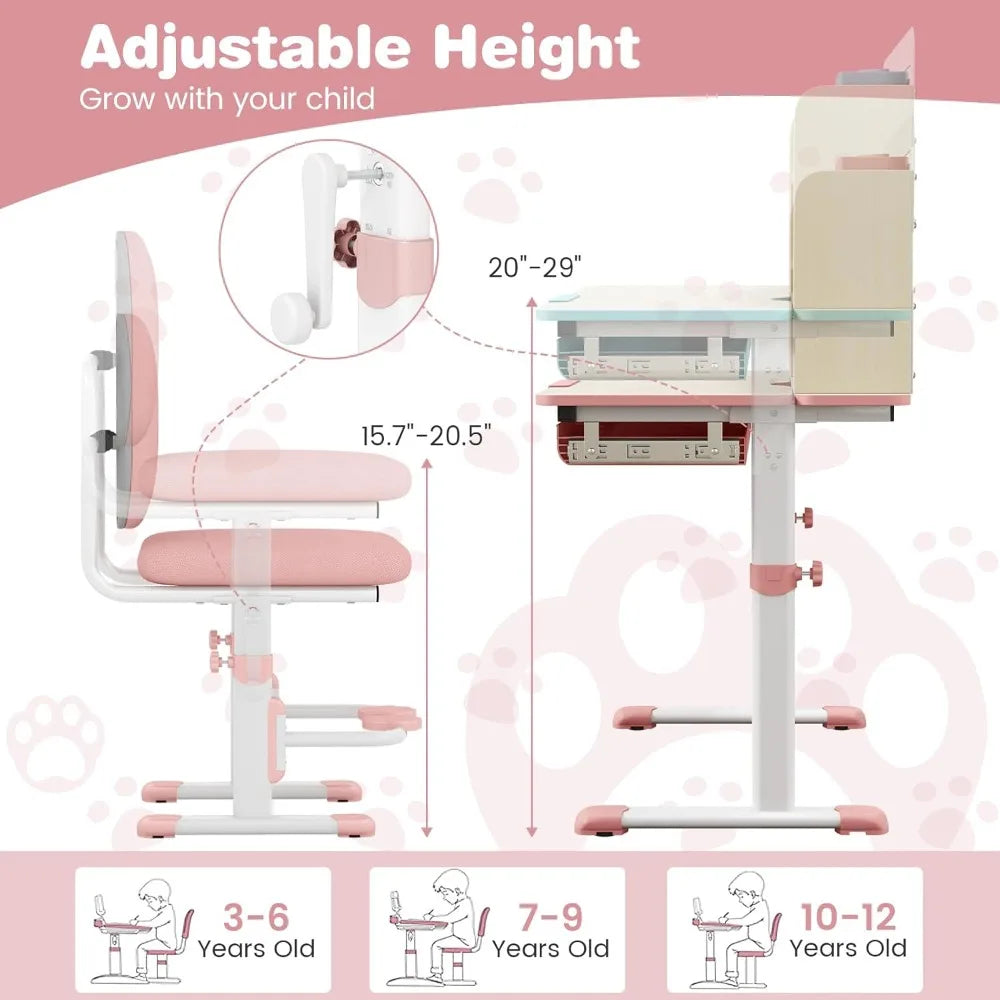 Height Adjustable Kids Desk and Chair Set w/Tilt Desktop, Drawer Hutch, Pen Holder