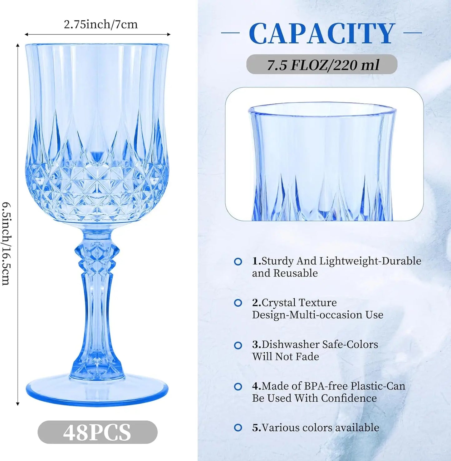 48pcs Blue Plastic Wine Glasses