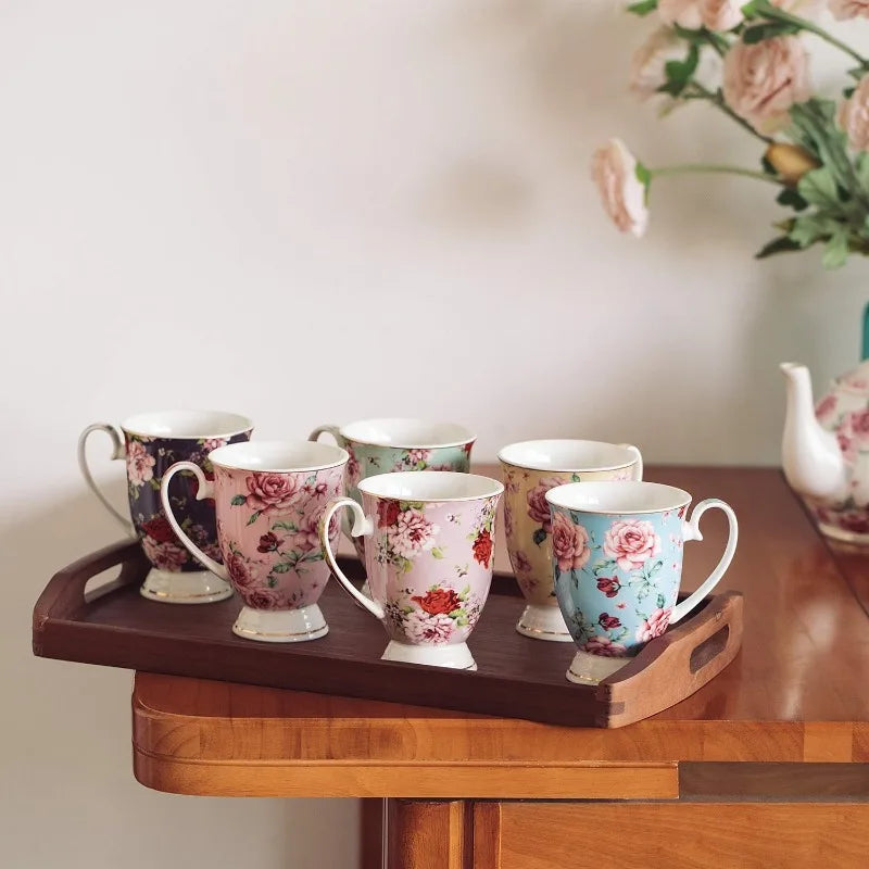 Set of 6, 12 oz, Floral Bone China Porcelain Mugs