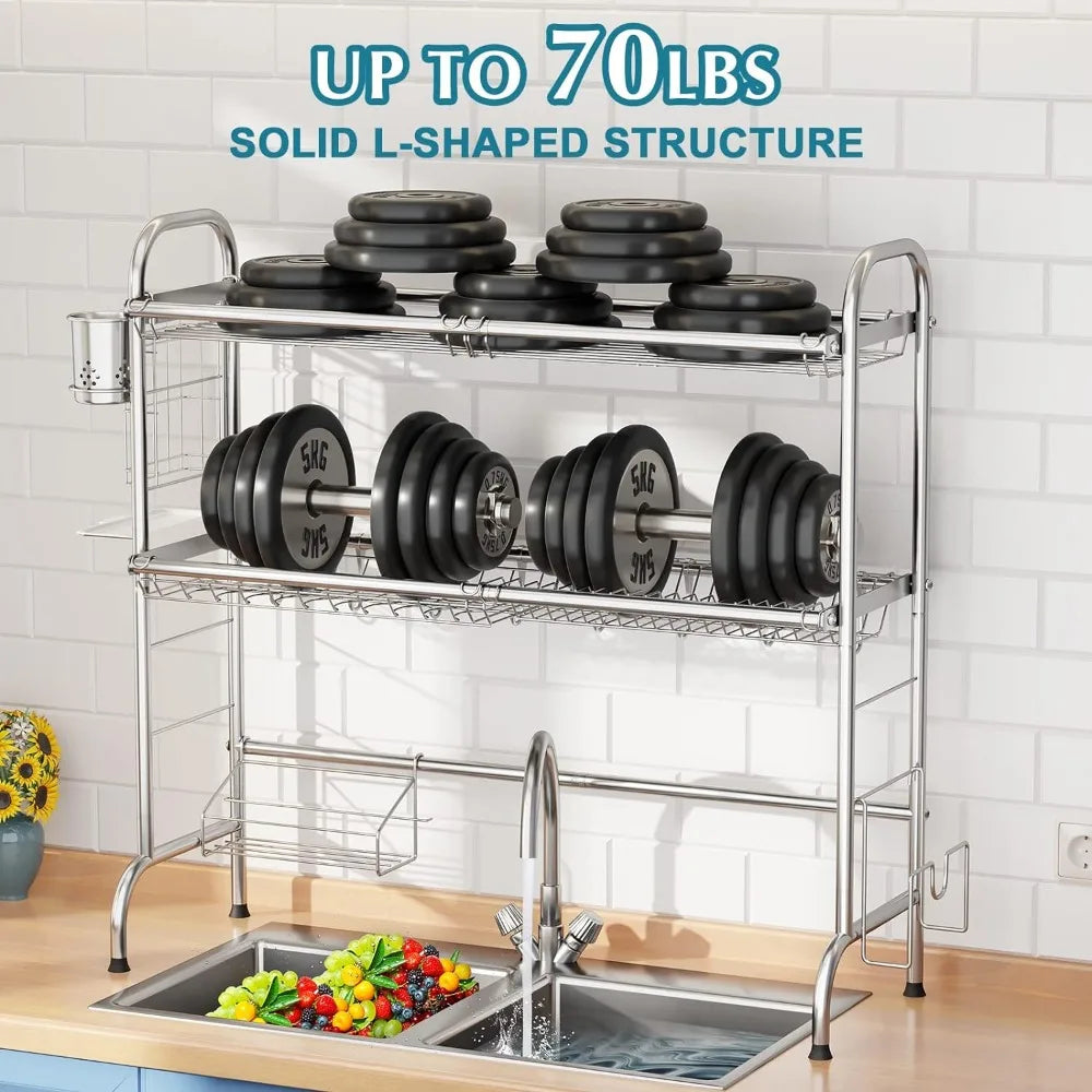 2-Tier Stainless Steel Large Over The Sink Dish Rack with Utensil Holder