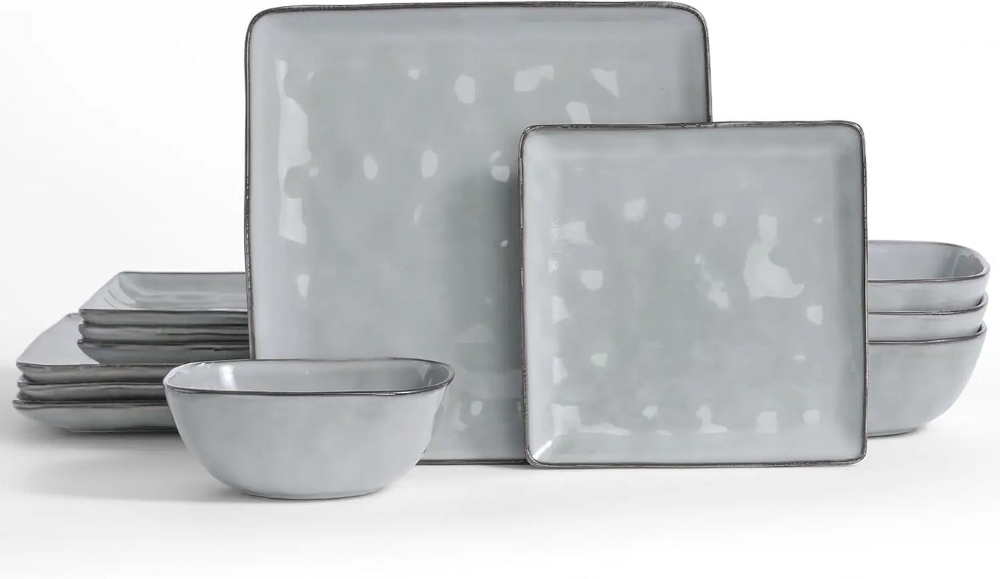 Ocean Square 12-Piece Kitchen Plates and Bowls Sets, Microwave and Dishwasher Safe, Scratch Resistant,