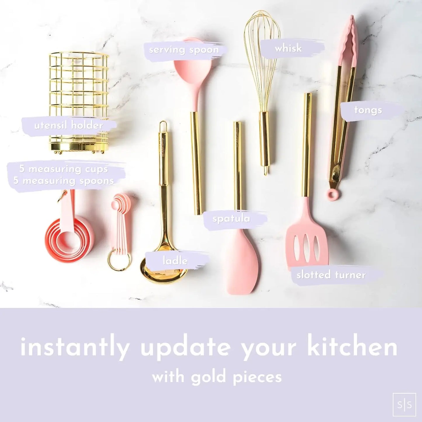 17 PC Gold & Pink Silicone Cooking Utensils Set Includes: Gold Utensil Holder