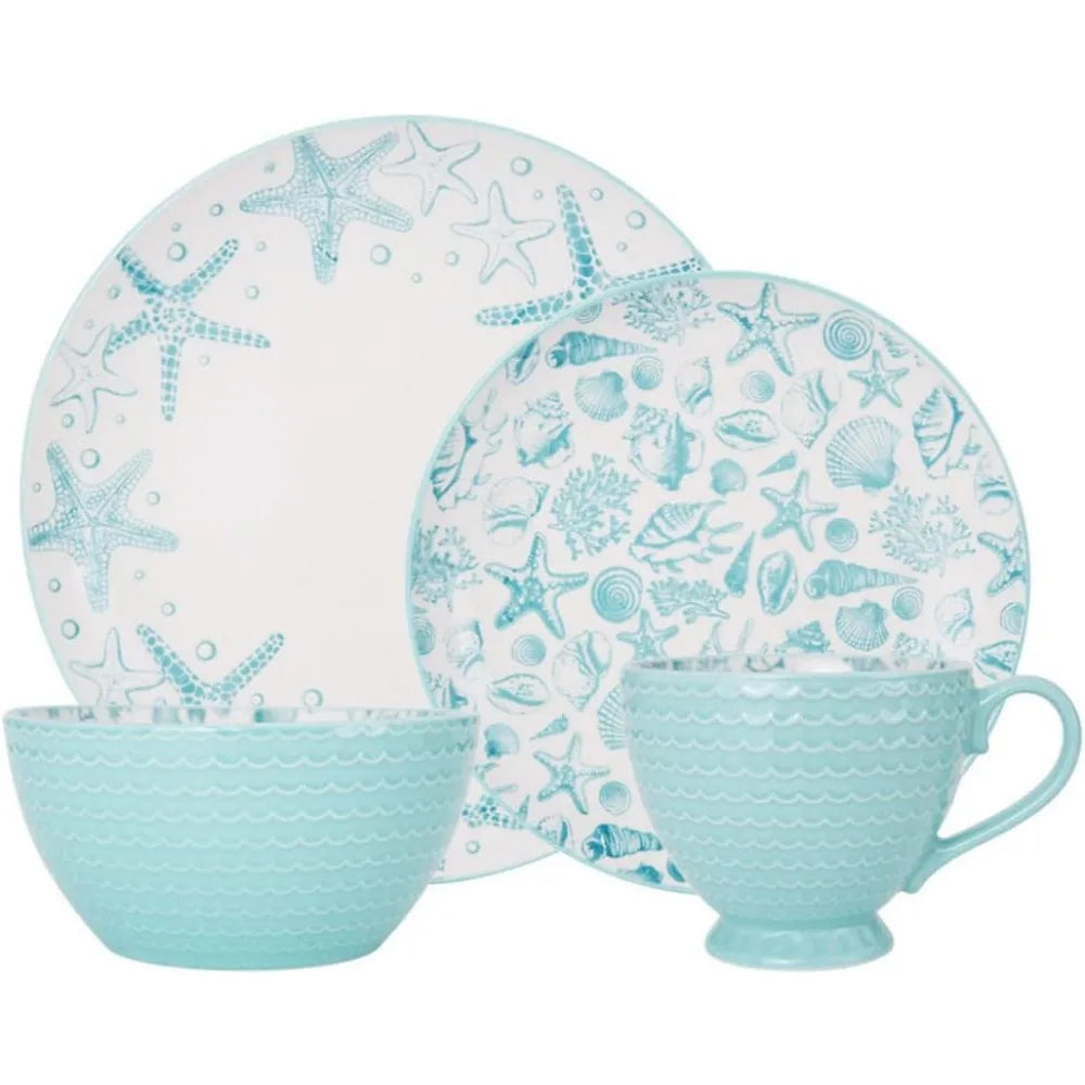 16-Piece Stoneware Dinnerware Set, Service for 4, Aqua/White