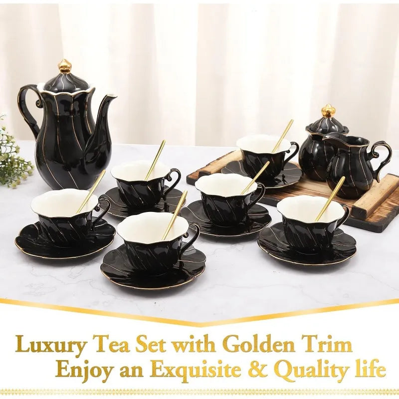 22 pcs Porcelain Tea Set for 6, Luxury British Style Tea/Coffee Cup Set with Golden Trim