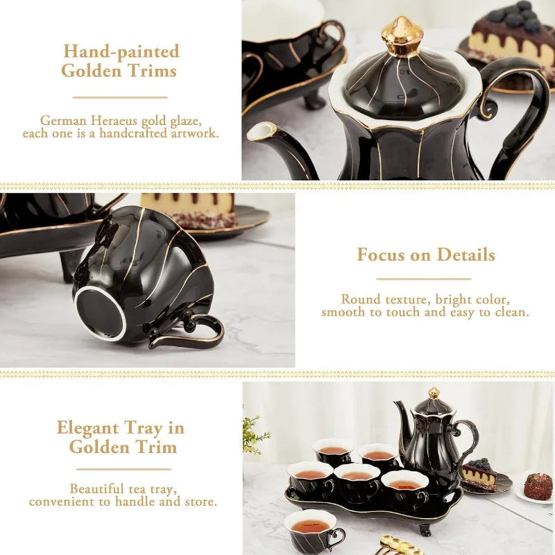 14 pcs Tea Set for 6 with Tea Tray & Spoons, Luxury British Style Tea/Coffee Cup Set with Golden Trim