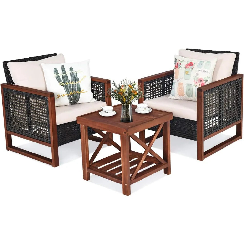 3 Piece Wicker Patio Furniture Set w/Washable Cushion & Acacia Wood Coffee Table