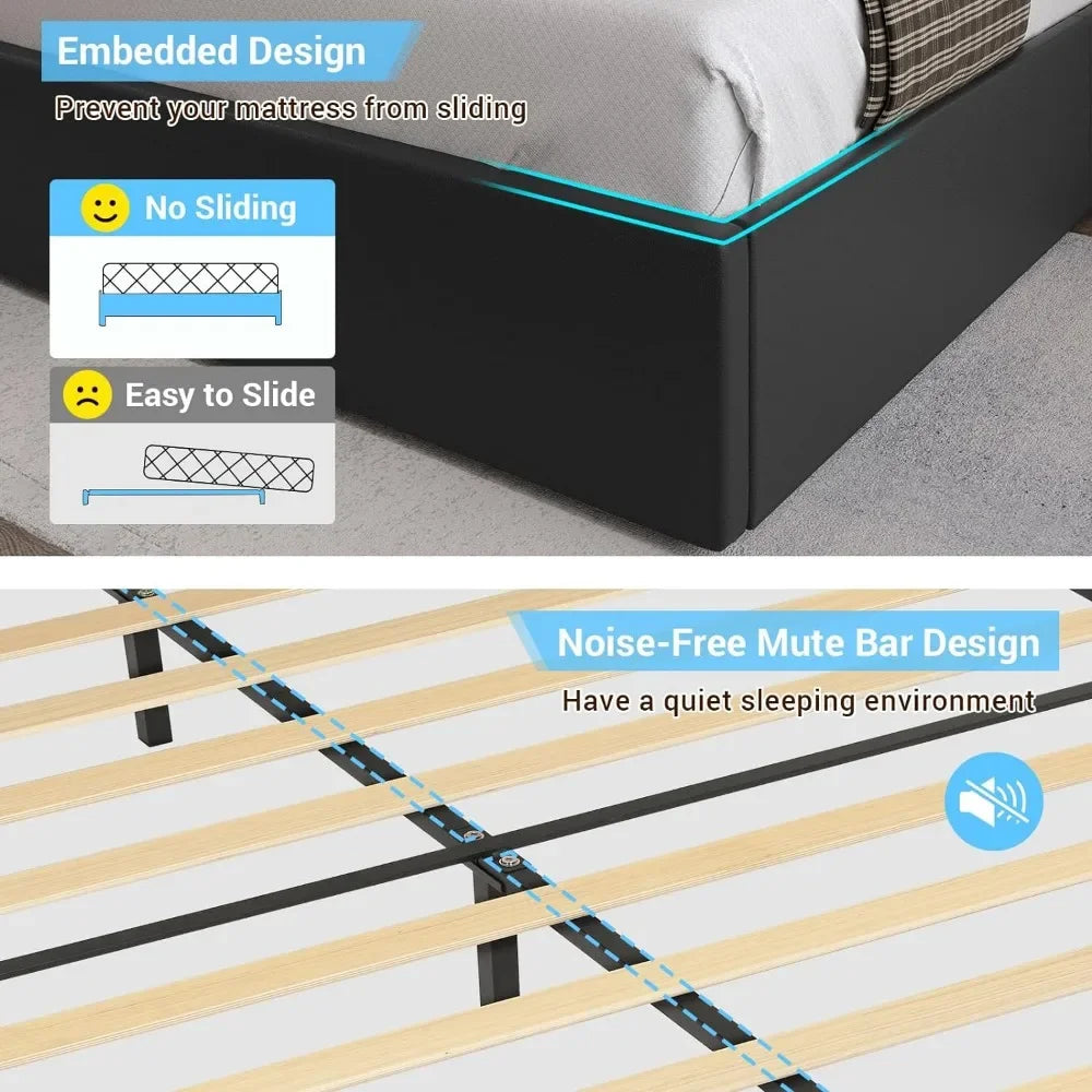 Upholstered Platform Bed Frame with 4 Storage Drawers and Led Lights