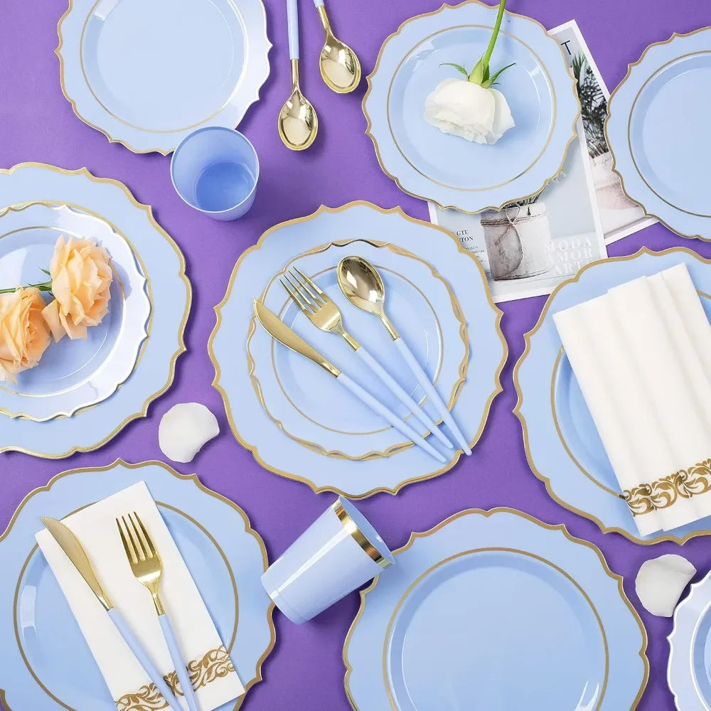 PARTY FOR 25- Disposable Plates – Includes 50 Blue Plastic Plates, 75 Baroque Handle Cutlery, 25 Cups, 25 Napkins