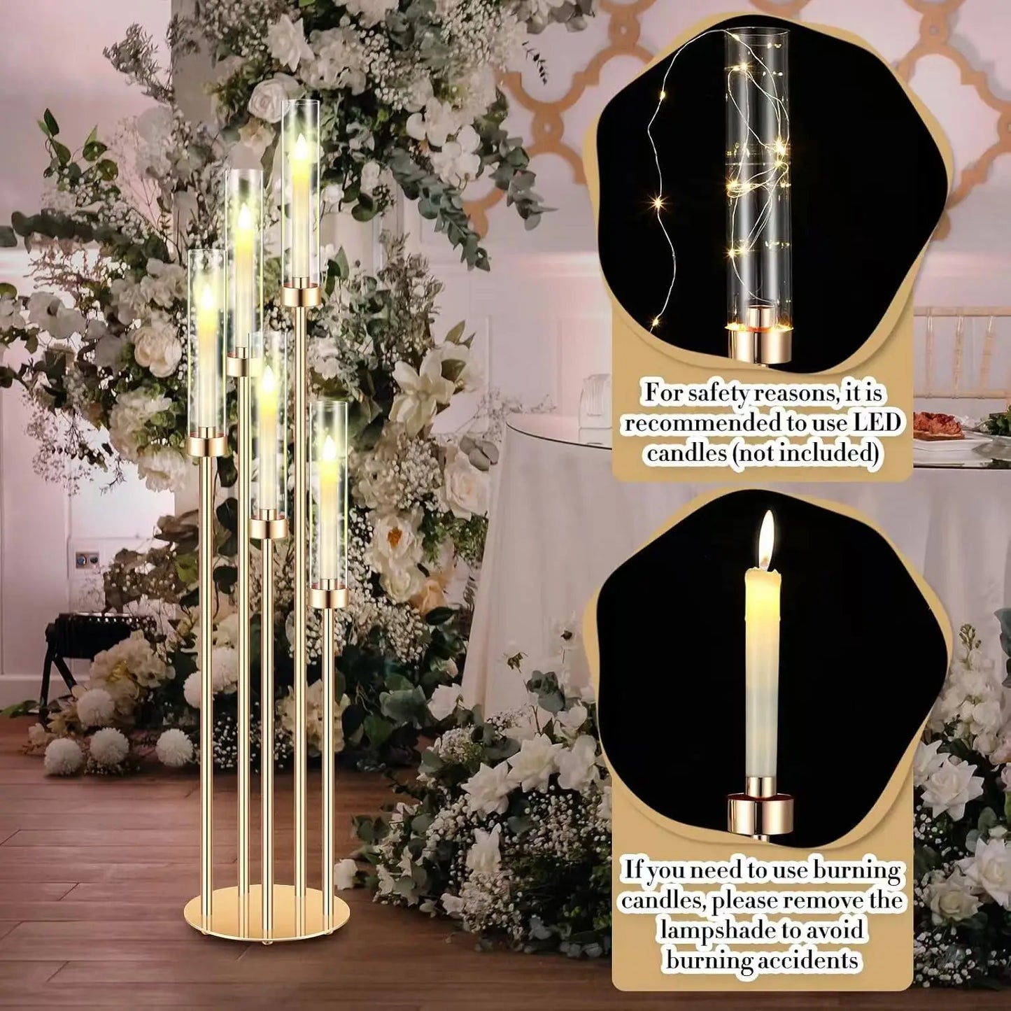 4PCS 46"Tall Metal Floor Candlestick Holder With 24 PCS LED Candles