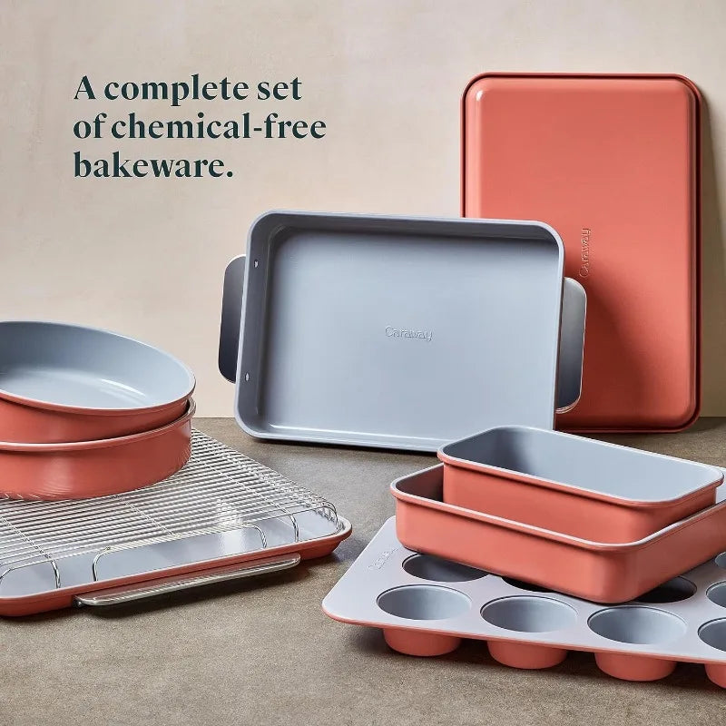 Nonstick Ceramic Bakeware Set (11 Pieces) - Baking Sheets, Assorted Baking Pans, Cooling Rack, & Storage