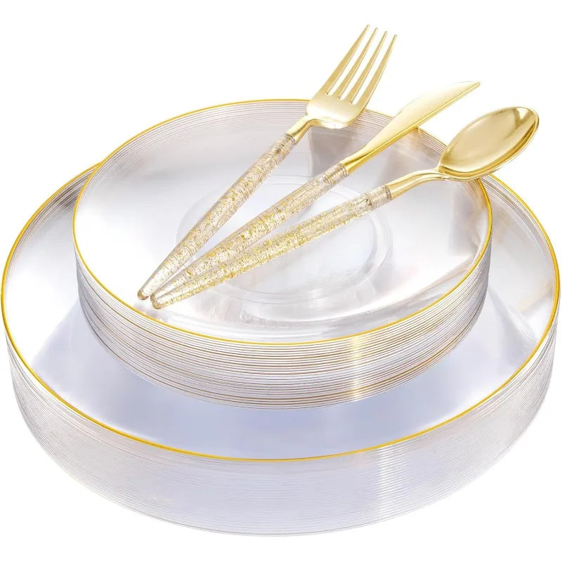 150PCS Clear-Gold Plastic Plates - Gold Plastic Silverware with Glitter Handle - 30 Guests