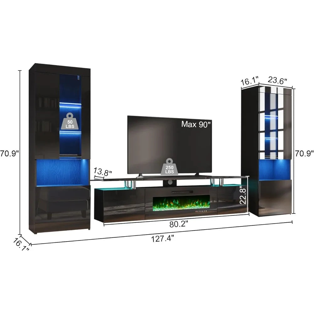 Fireplace and Bookcases, Includes 80" 2-Tier Fireplace TV Stand 40" , 2 x High Gloss Bookshelves LED Lights & Glass Doors