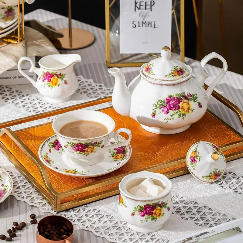 22-Pieces Porcelain Bone China Tea Sets, Gold Rim Coffee Set with Golden Metal Rack