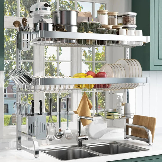 Over The Sink Dish Drainer Drying Rack, Adjustable (25.5"-35.5") 3 Tier Large Dish Rack