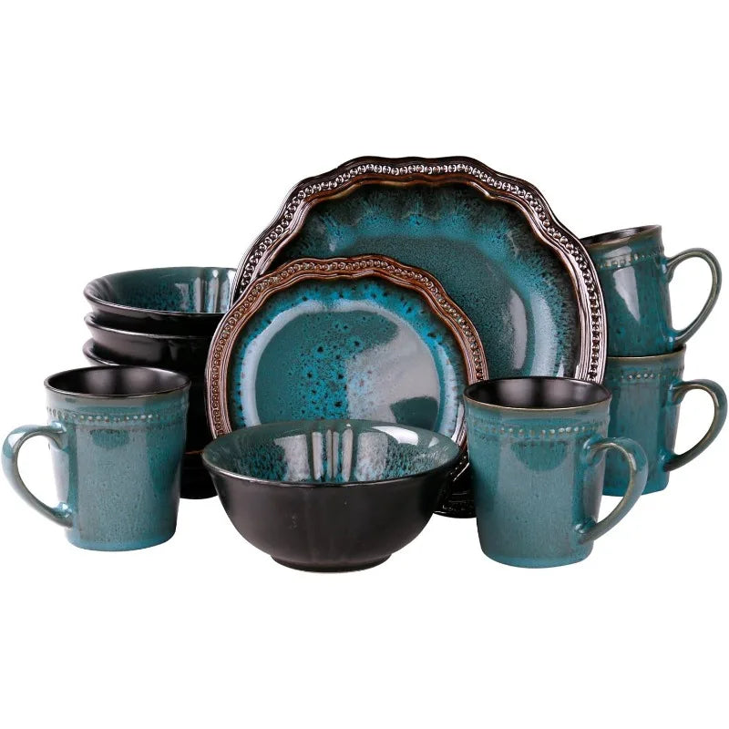 16 Piece Round Oval Stoneware Dish Set, Ocean Blue