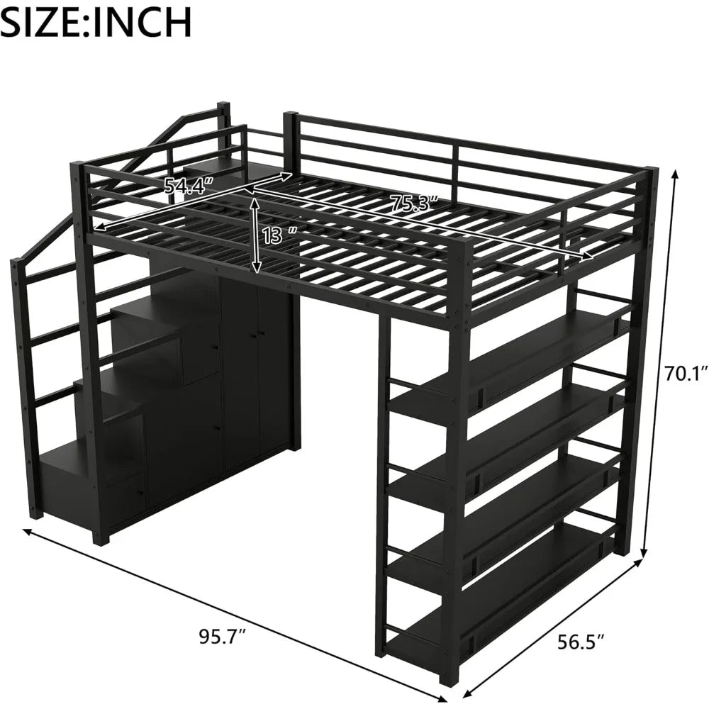 Full Size Heavy-Duty Metal Loft Bed with Stairs