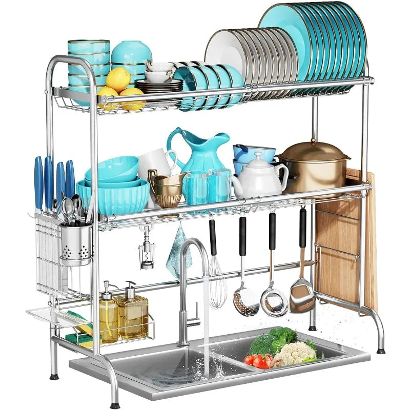 2 Tier Large Over Sink Dish Drying Rack with Utensil Holder