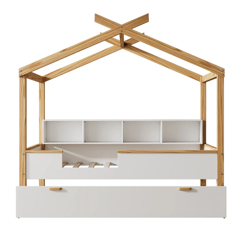 Wooden House Bed Frame for Kids with Ample Storage Options, Roof Design