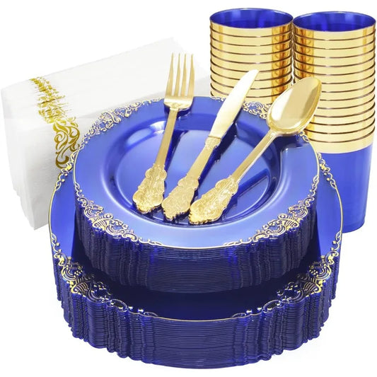 175PCS Plastic Plates Sets Include 25Dinner Plates, Dessert Plates, Cups, Forks, Knives, Spoons, Napkins for Weddings & Party