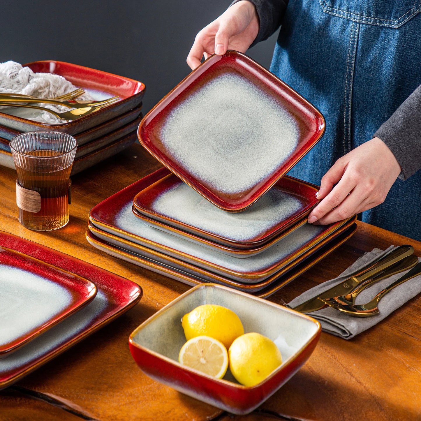 16 Piece Square Kiln Change Glaze Ceramic Tableware Set