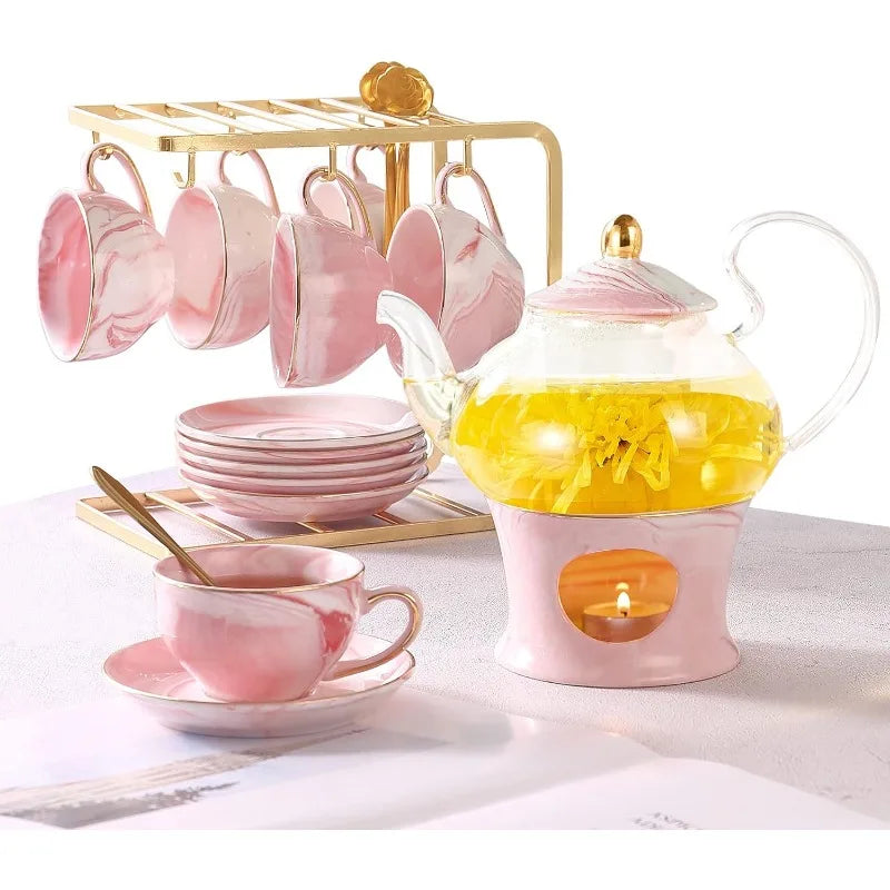 21 pcs Marble Texture Small Tea Set with Handcraft Golden Trim