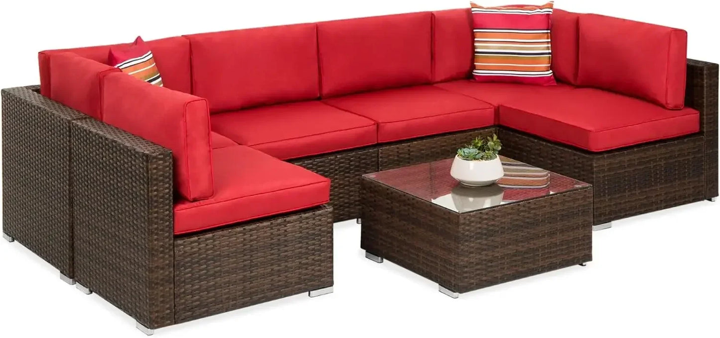 Modular Outdoor Sectional Wicker Patio Conversation Set w/ 2 Pillows, Coffee Table, Cover Included