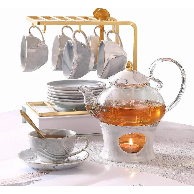 21 pcs Marble Texture Small Tea Set with Handcraft Golden Trim