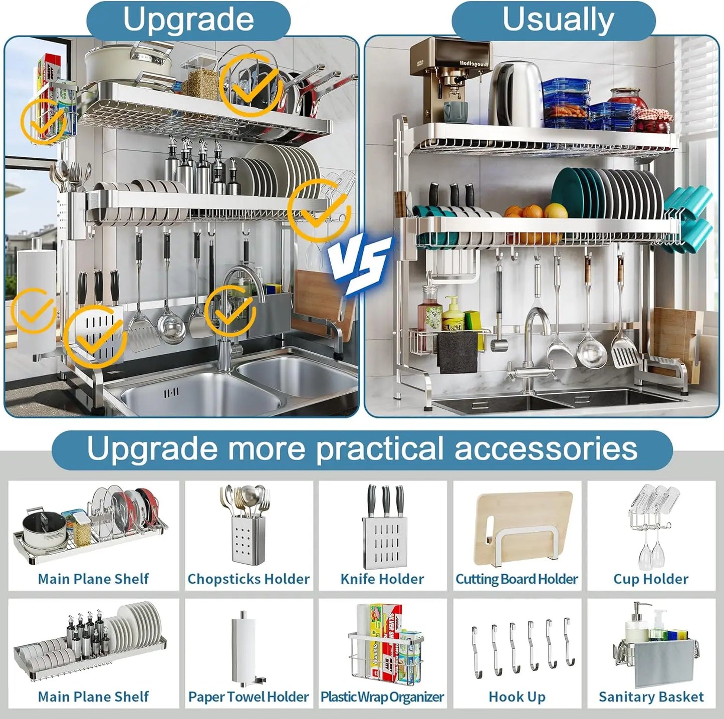 Adjustable (29.1''~37.4'') Stainless Steel 3-Tier Over The Sink Dish Drying Rack