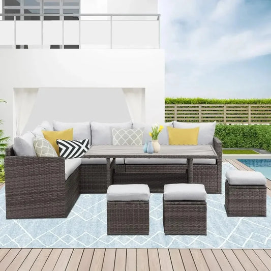 7 Piece Wicker Rattan Patio Set with Dining Table and Ottomans